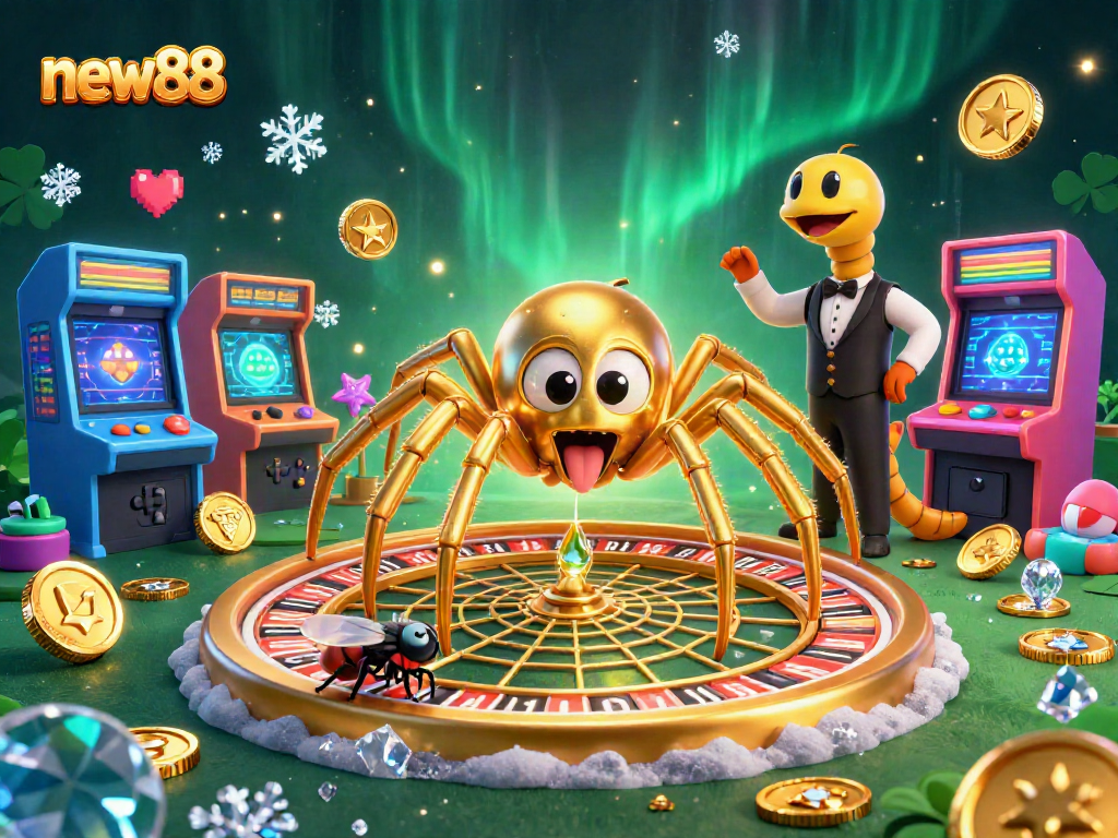 Engage in thrilling bets with new88 at a lively casino featuring a cartoon spider and croupier.