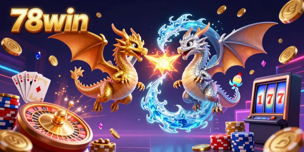 Engage with 78win's thrilling cosmic adventure featuring dragons, casino elements, and vibrant treasures.