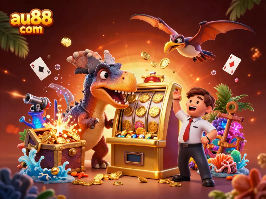 Win big with au88 com as a pachycephalosaurus celebrates jackpot coins pouring from a golden slot machine!