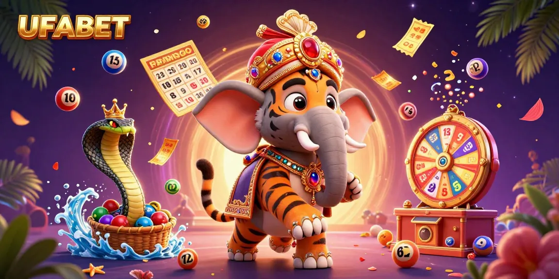 Experience UFABET's vibrant gaming scene with a cartoon maharaja and dynamic lottery elements.