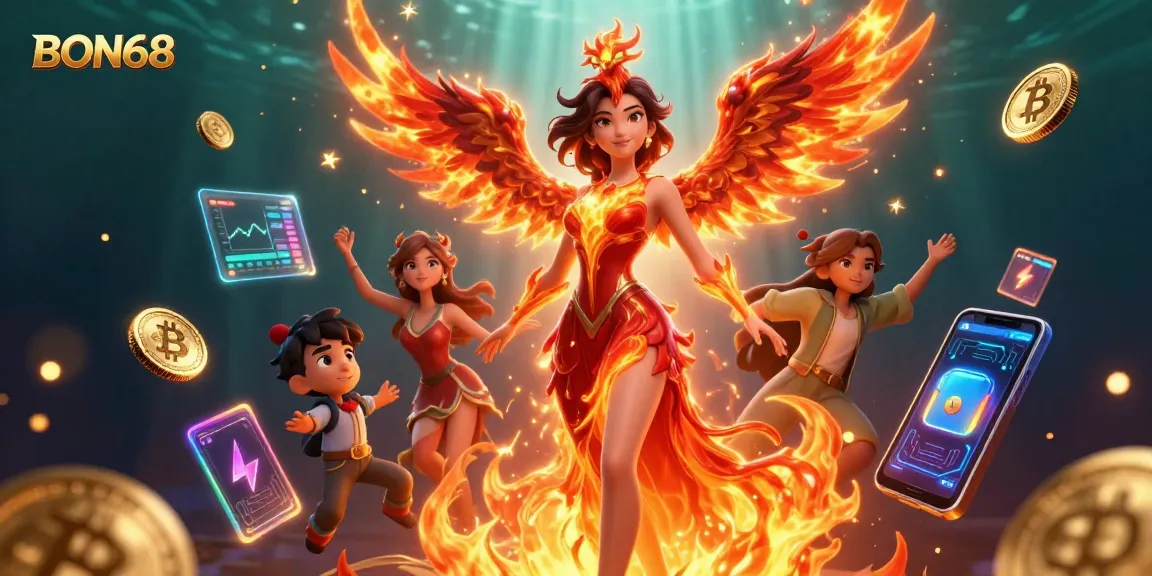 Engage in thrilling games at BON68, featuring an Asian woman in a fiery gown and vibrant casino elements.