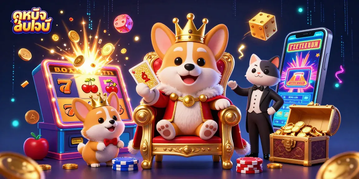 Experience ดูหนังออนไลน์ at a vibrant casino scene with royal corgi and dynamic game elements.