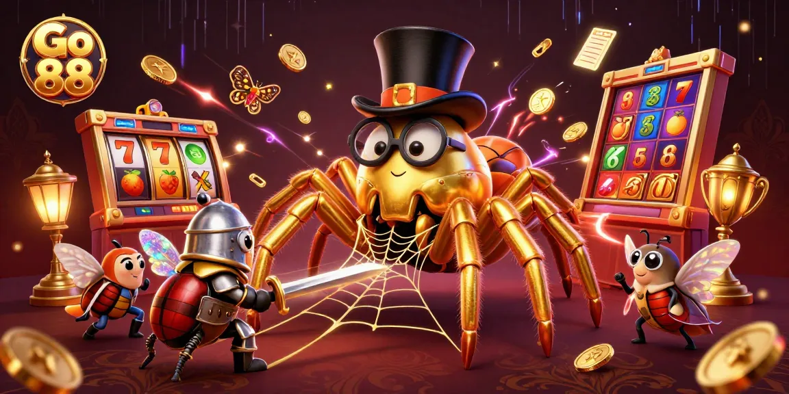 Experience excitement with Go 88's vibrant cartoon scene showing thrilling slot reels and engaging characters.