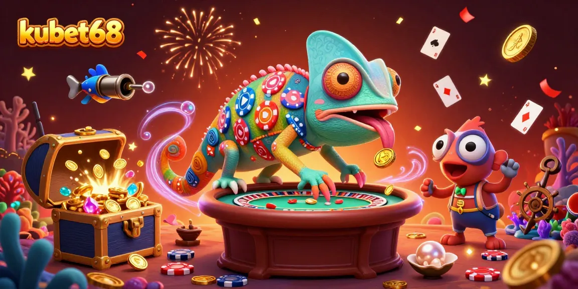 Experience the vibrant energy of kubet68 with its dynamic casino-themed chameleon illustrating various betting games.