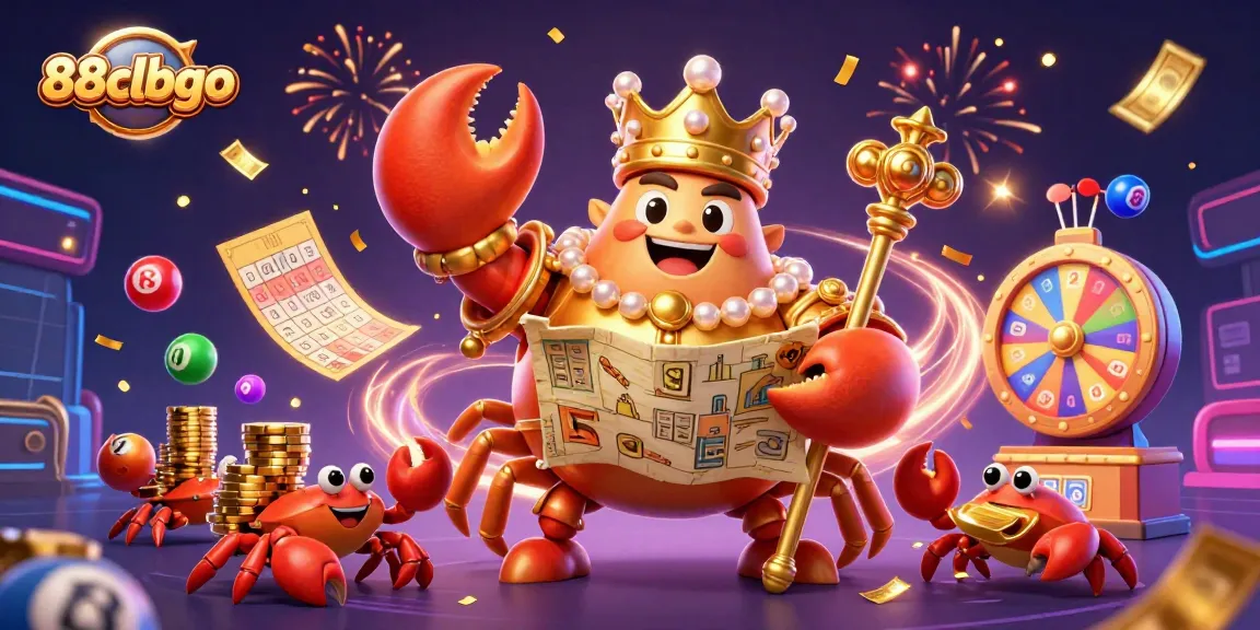 Engage with 88clbgo's thrilling lottery scene featuring vibrant elements and a majestic crab emperor.