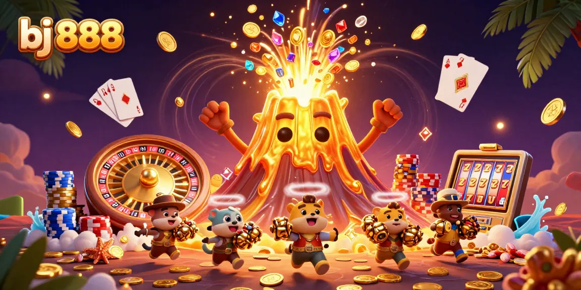 Engage with the thrilling bj 888 casino experience, showcasing a vibrant eruption of coins and treasures.