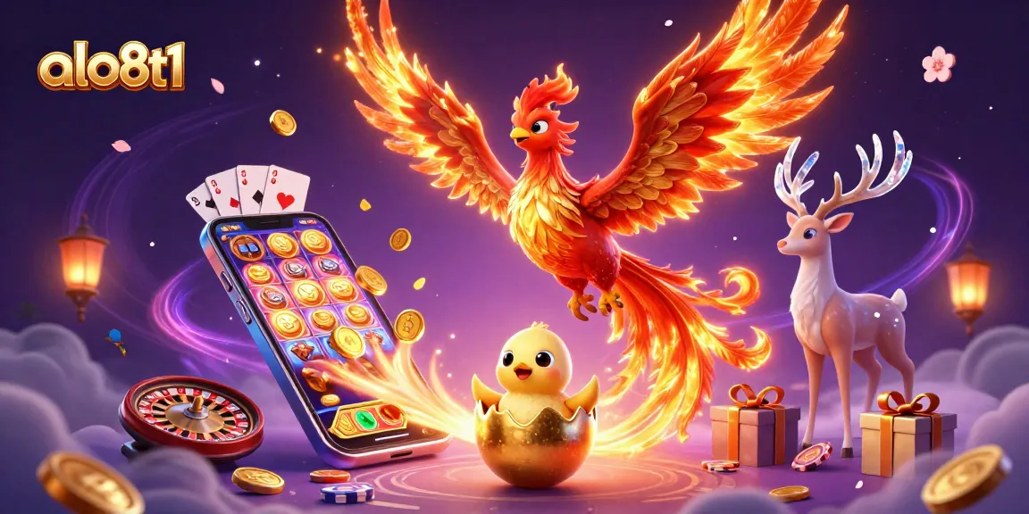 Experience the thrill of gaming with alo8t1 as a phoenix rises amidst vibrant casino elements.