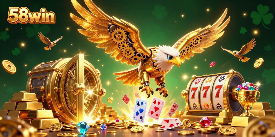 Experience exciting gameplay with 58win as a cybernetic eagle dives through vibrant holographic cards.