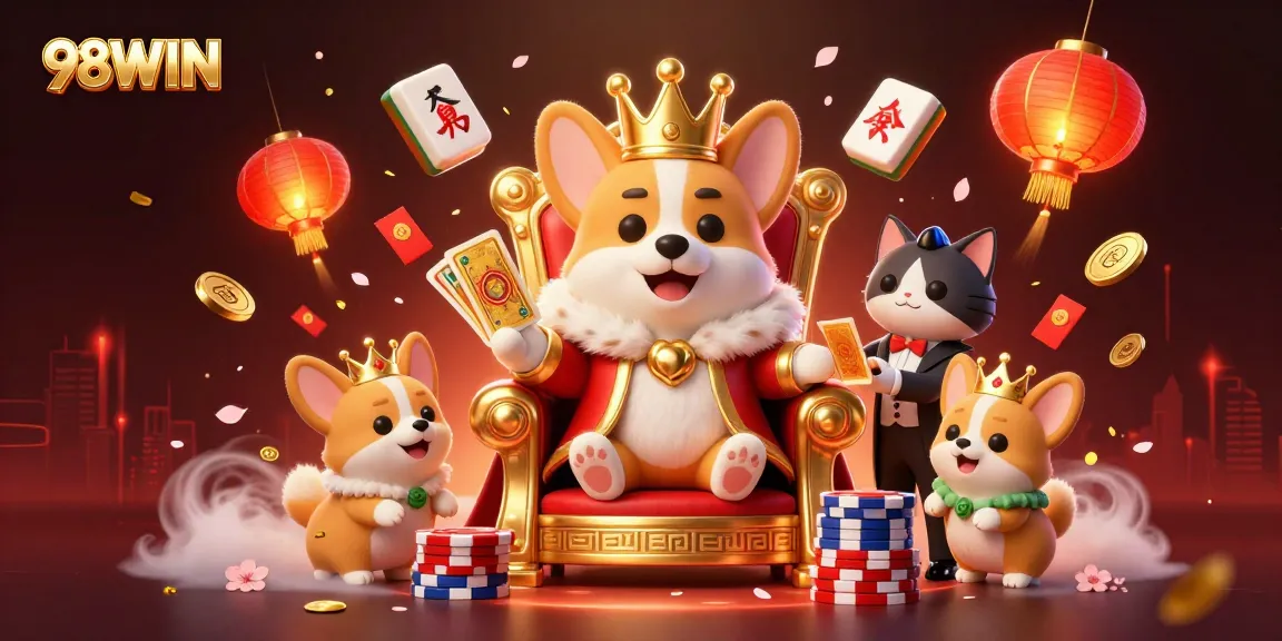 Experience the engaging gameplay at 98WIN with a royal corgi on a poker chip throne amid festive symbols.