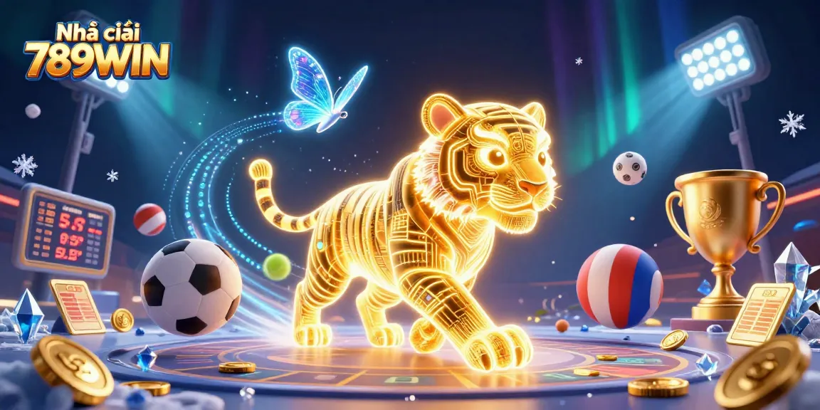 Engage with Nhà cái 789WIN in a vibrant 3D casino landscape featuring a golden tiger, sports symbols, and dynamic elements.