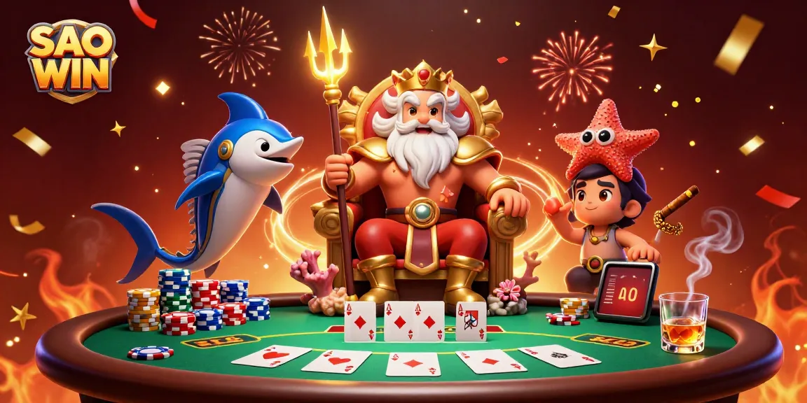 Engage in thrilling gameplay with SAO WIN at a vibrant poker table surrounded by exciting casino characters.