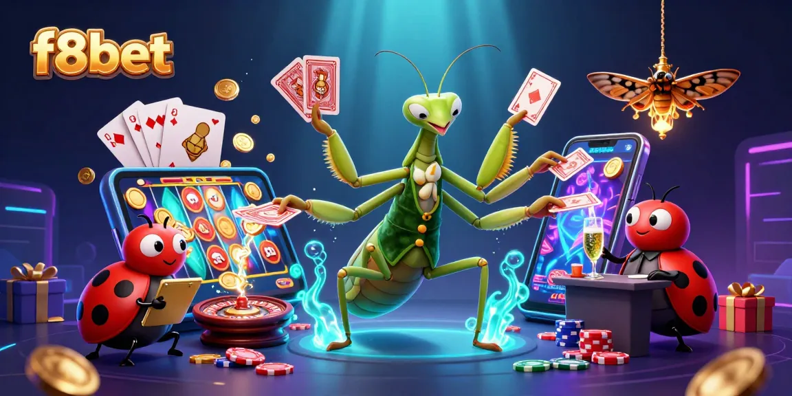 Experience excitement at f8bet with a colorful 3D casino scene featuring card sharp, ladybug pit boss, and vibrant slot games.