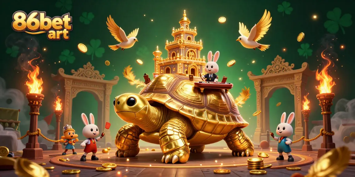 Engage with the thrilling 86bet art casino experience featuring a golden tortoise casino and rabbit dealer.