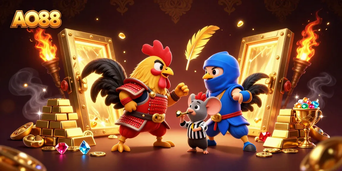 Experience thrilling rooster battles at AO88 with extravagant gold elements and vibrant casino graphics.