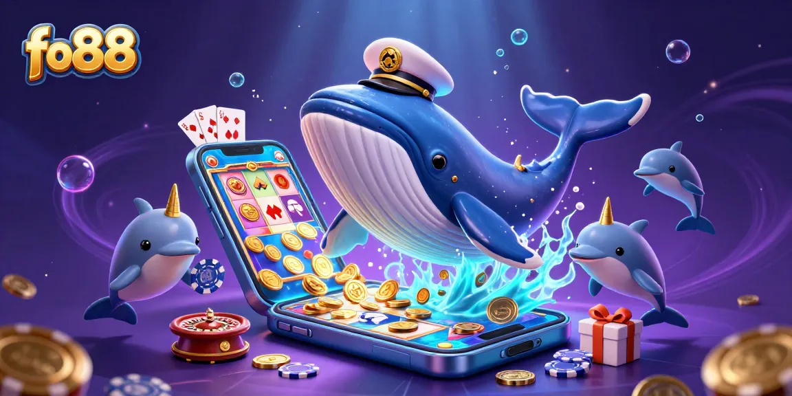 fo88 players enjoy a vibrant 3D illustration of a whale, narwhal, and dolphins amidst casino elements.