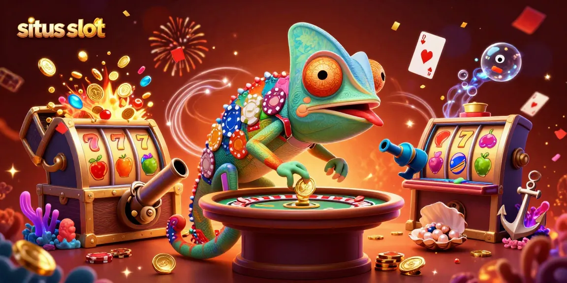 Engage with situs slot excitement as chameleon casino owner catches golden coins among vibrant gaming elements.