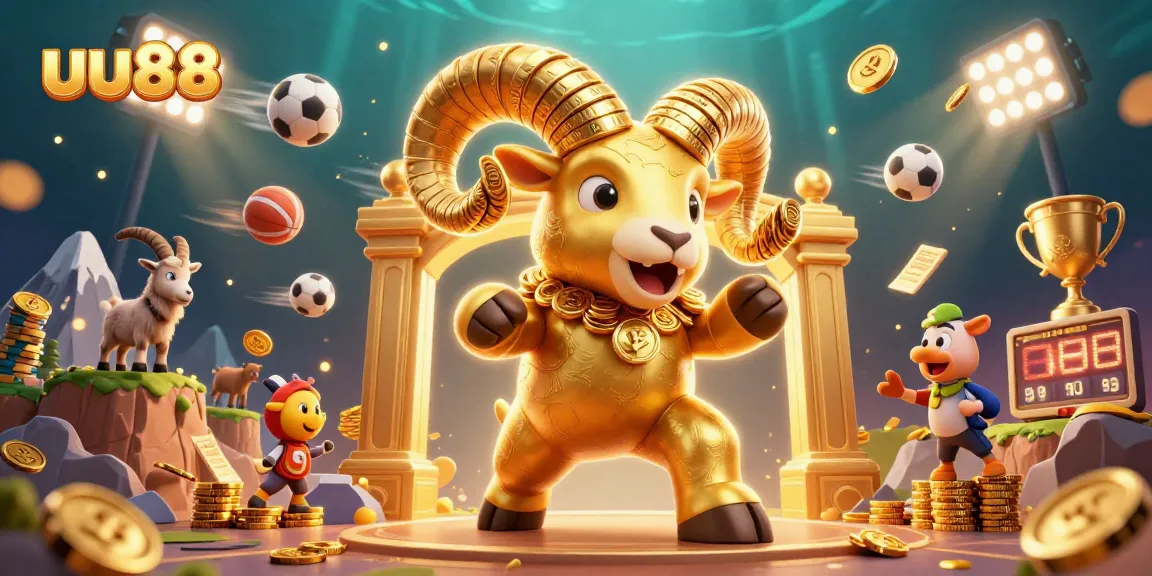 Experience thrilling gameplay at uu88 with a dynamic scene featuring a golden ram and sports elements.