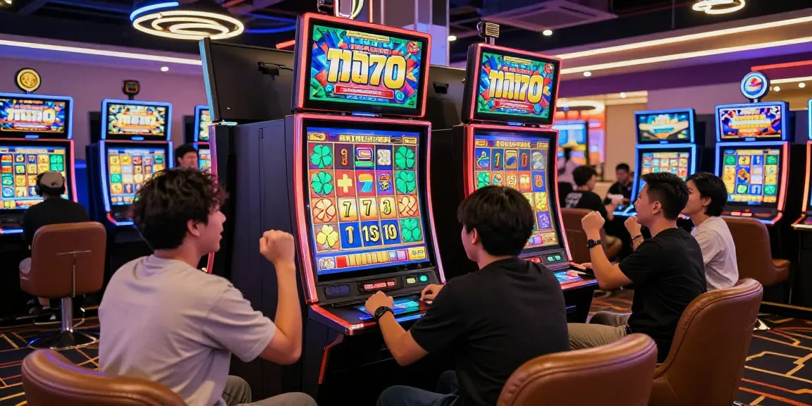 Players enjoying a jackpot win at a situs slot deposit 10 ribu gaming platform with vibrant slot machines.