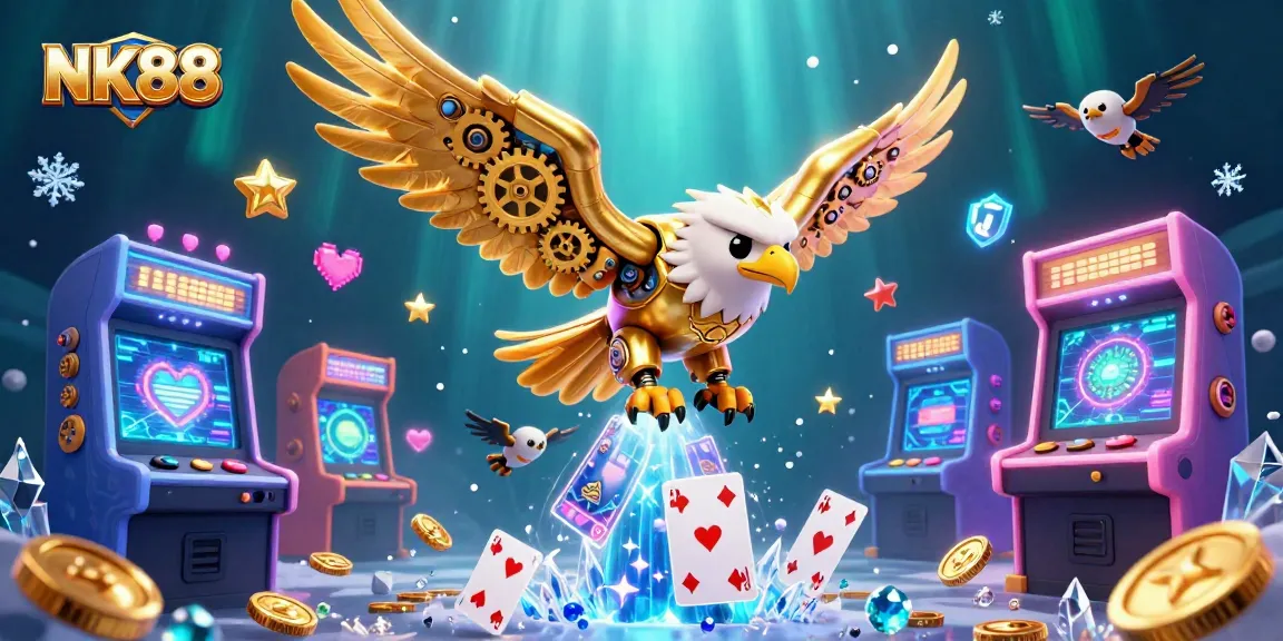 Engage with thrilling casino games at NK88 with a vibrant scene showcasing a golden eagle diving through holographic playing cards.