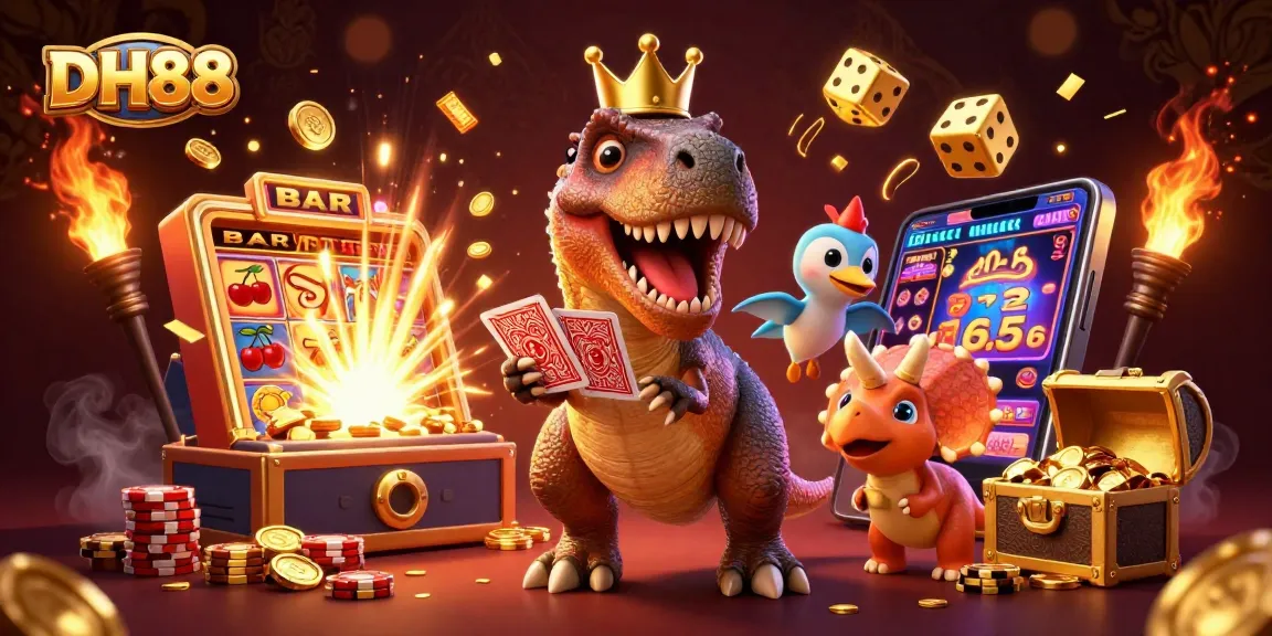 Experience the excitement at DH88 with charming characters engaging in casino fun, surrounded by vibrant gaming elements.