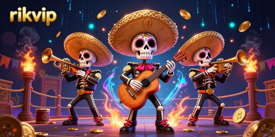 Win real rewards at rikvip with vibrant 3D illustrated casino atmosphere and energetic mariachi characters.