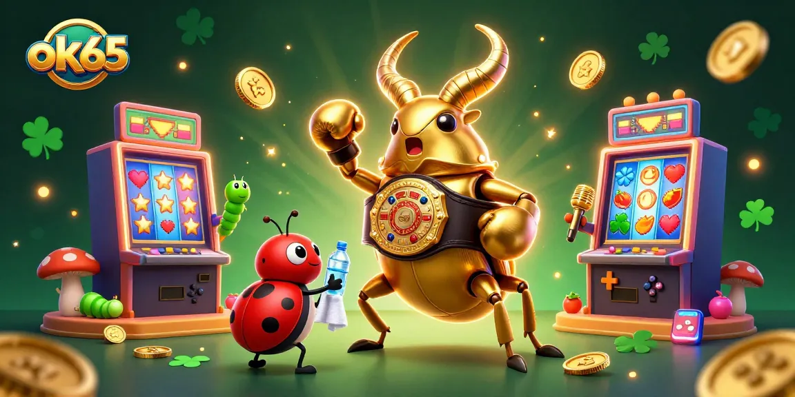 Engage in the vibrant world of ok65 slots with a dynamic scene featuring cartoon characters, spinning reels, and lucky charms.