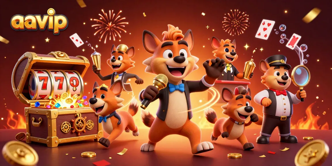 AAVIP showcases a lively casino scene with hyenas entertaining guests and slot reels exploding with winning coins.