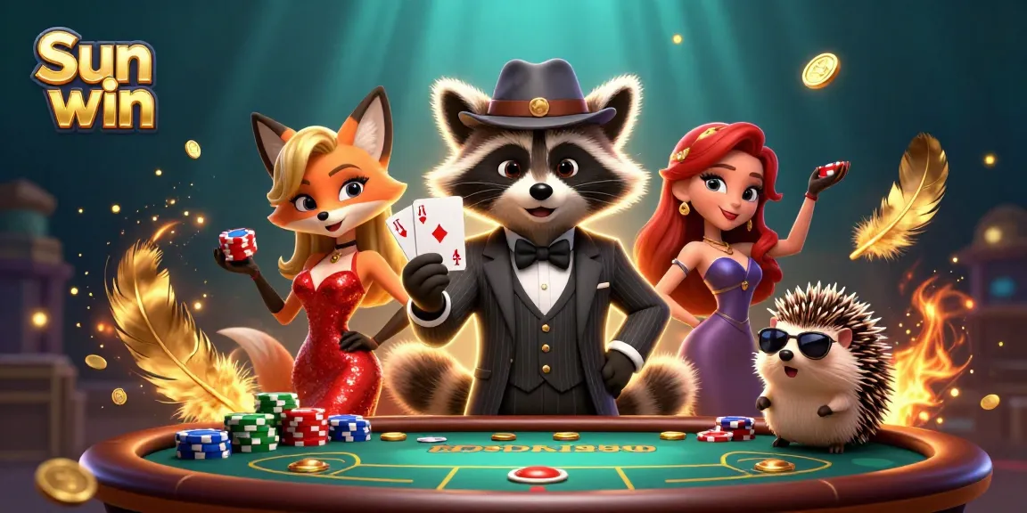 Experience thrilling moments at Sun win with charming characters in a vibrant casino setup.