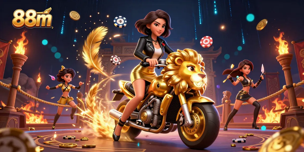 Experience thrilling gameplay at 88m with a glamorous character riding a golden lion mascot among vibrant casino elements.
