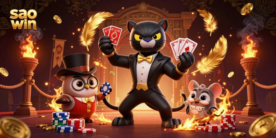 Experience thrilling gameplay with Sao Win as a tuxedoed panther deals cards, surrounded by lively casino elements.