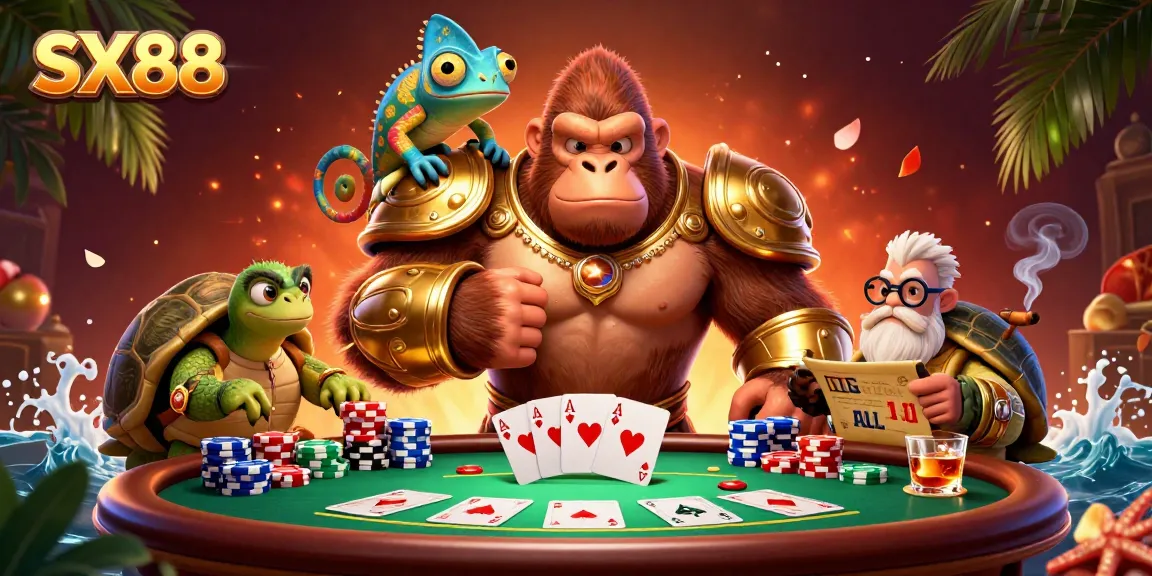 SX88 players engaging at a dynamic poker table with colorful chips and games elements around
