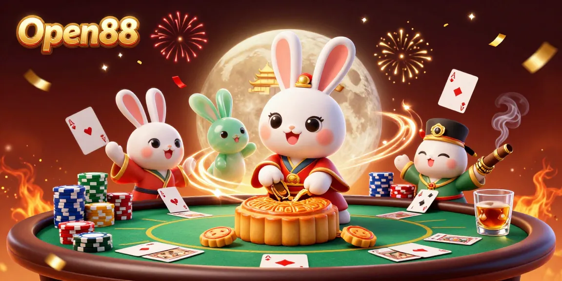 Open88 features a moon rabbit engaging in dynamic casino fun, revealing poker chips in mooncake illustrations.