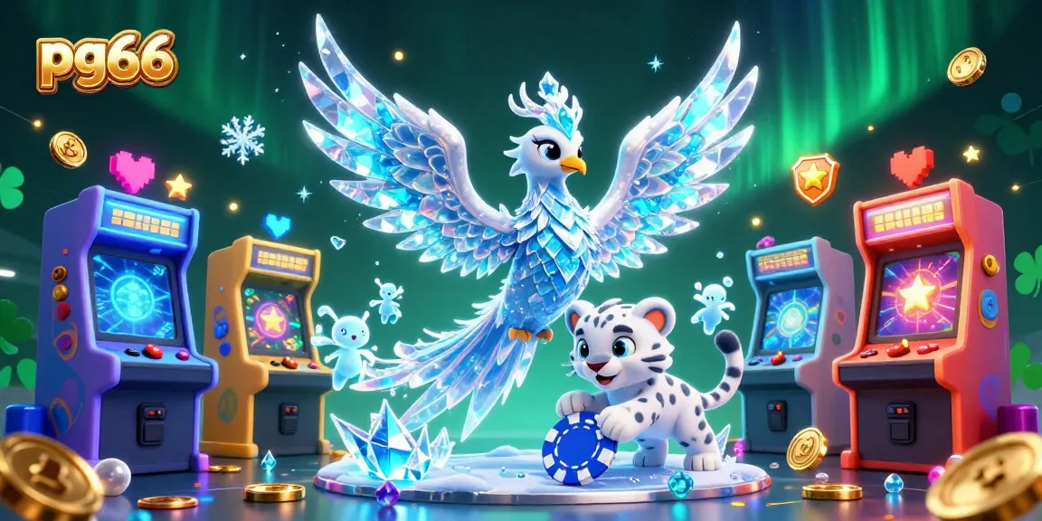Engage with pg66's vibrant casino experience featuring an ice phoenix, a playful leopard cub, and glowing sprites.