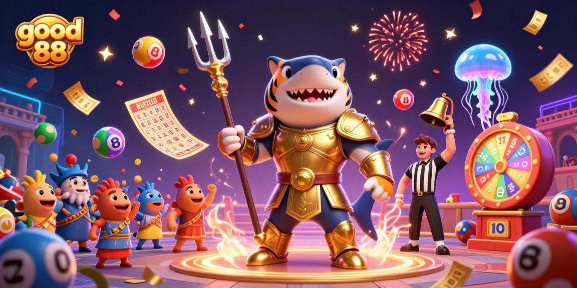 Experience the thrill with good 88 as a shark warrior battles in a vibrant casino arena.