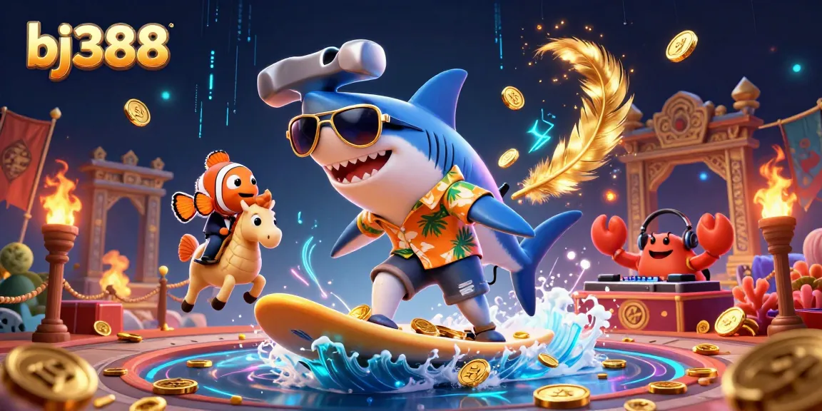 BJ388 energetic gaming scene featuring a cartoon shark, clownfish, and crab DJ surrounded by vibrant casino elements.