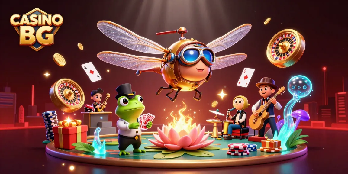 Engage in the thrilling atmosphere of CASINO BG with vibrant gaming elements and lively characters.