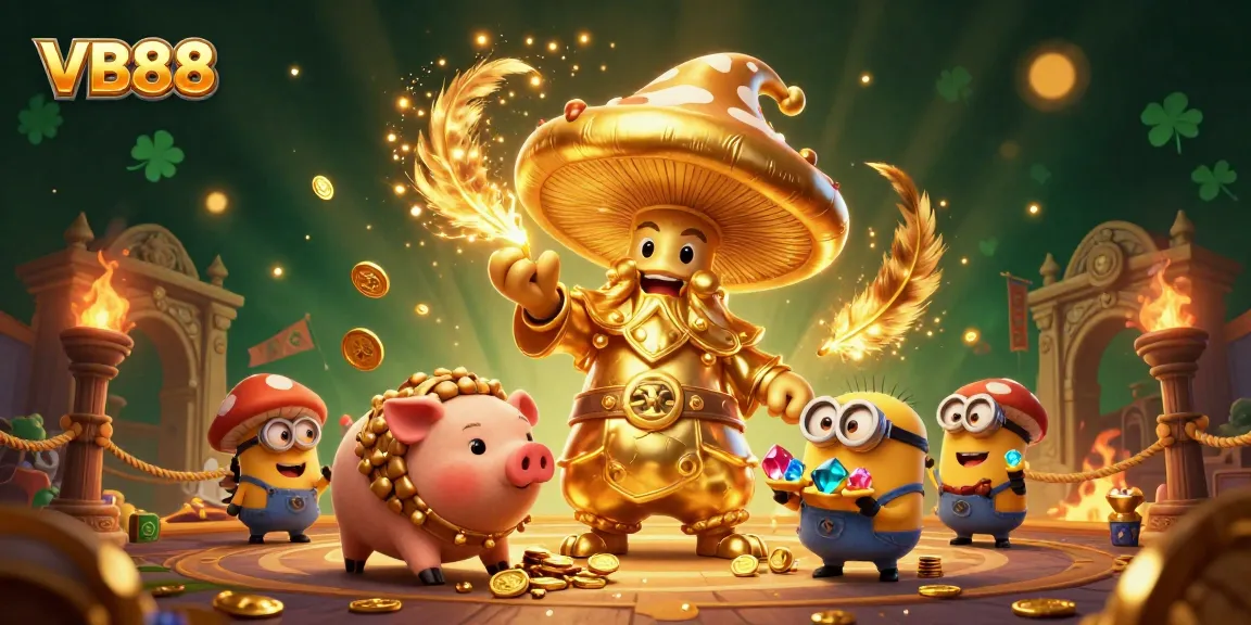 Experience the magical world of VB88 with a wizard, treasure, and gold in a vibrant casino backdrop.