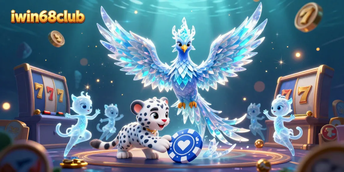 Experience the thrilling world of iwin68club with vibrant slot reels and a dazzling ice phoenix illustration.