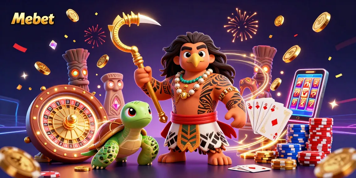 Mebet offers thrilling casino adventures as Maui the demigod and his turtle sidekick celebrate wins with colorful slots.