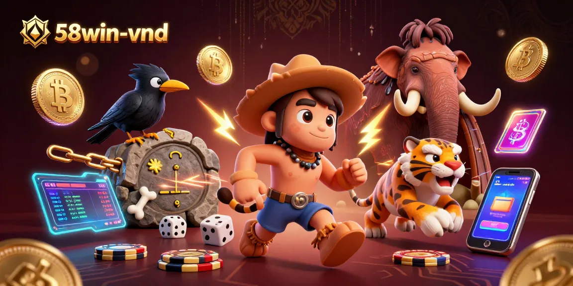 Engage with the thrilling 58win-vnd casino experience featuring a prehistoric duo and exciting crypto elements.