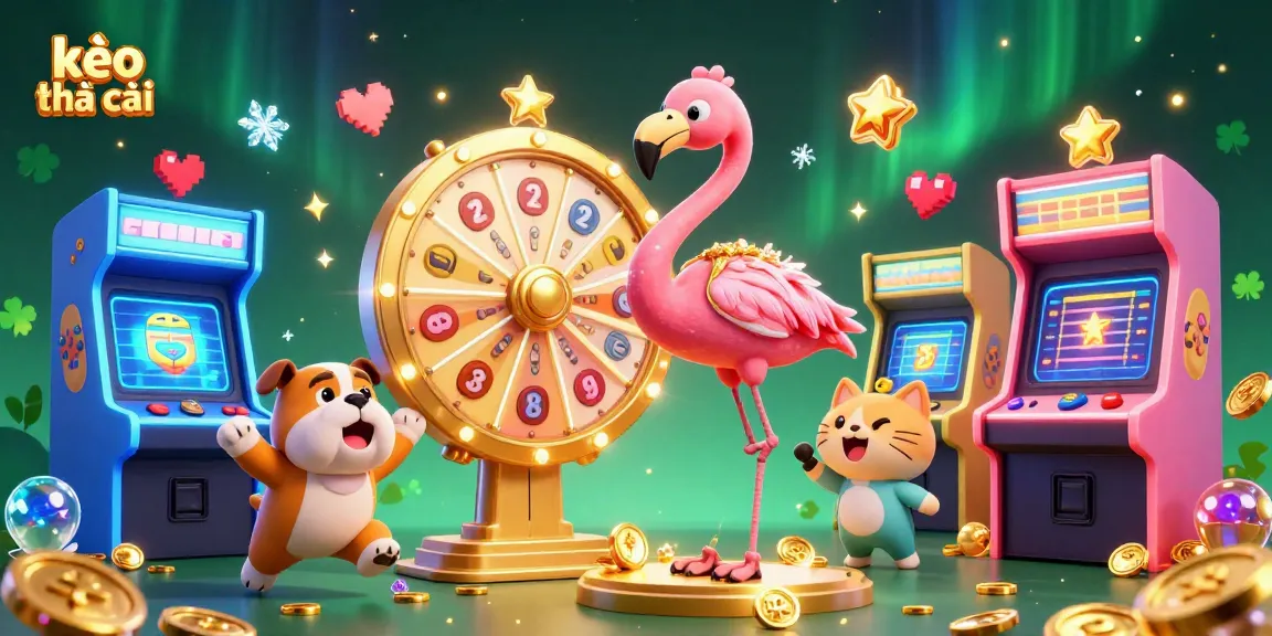 Engage in kèo nhà cái excitement with a flamingo host and bulldog contestant in a dynamic casino scene.