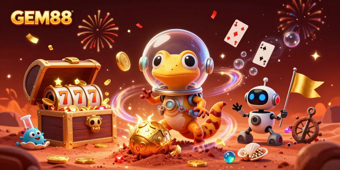 Experience GEM88 like never before with exciting slot games and alien adventures in this vibrant casino illustration.