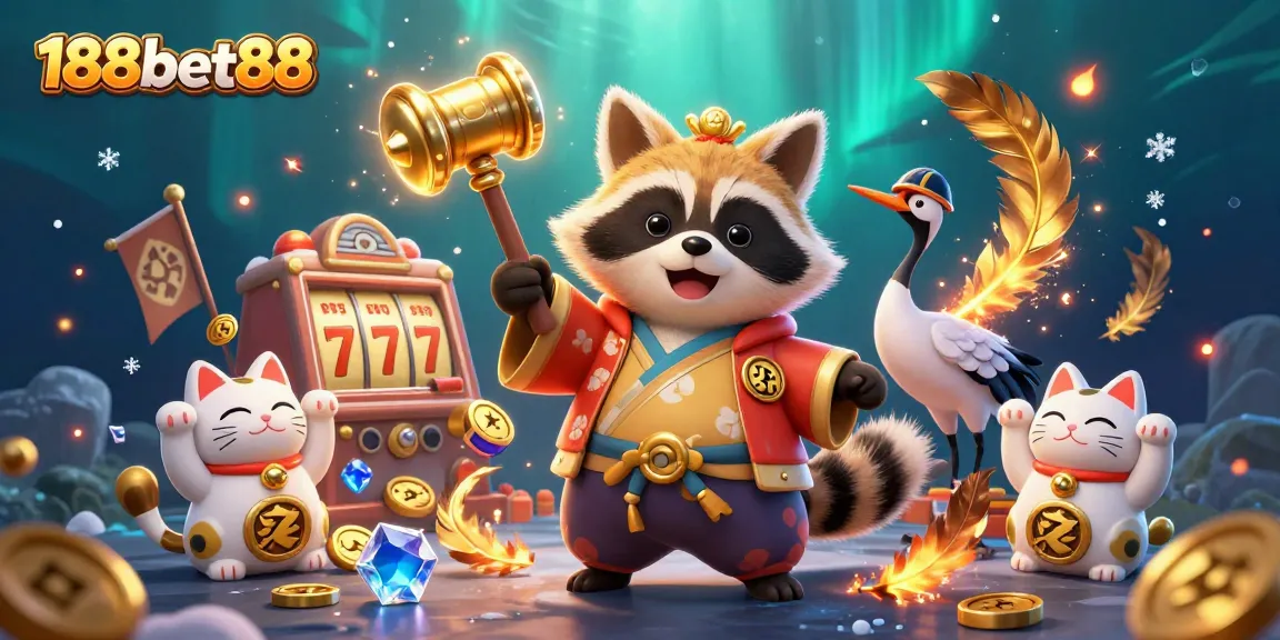 Engage in thrilling gameplay at 188bet88 with a vibrant casino scene featuring festive characters and dynamic slot elements.