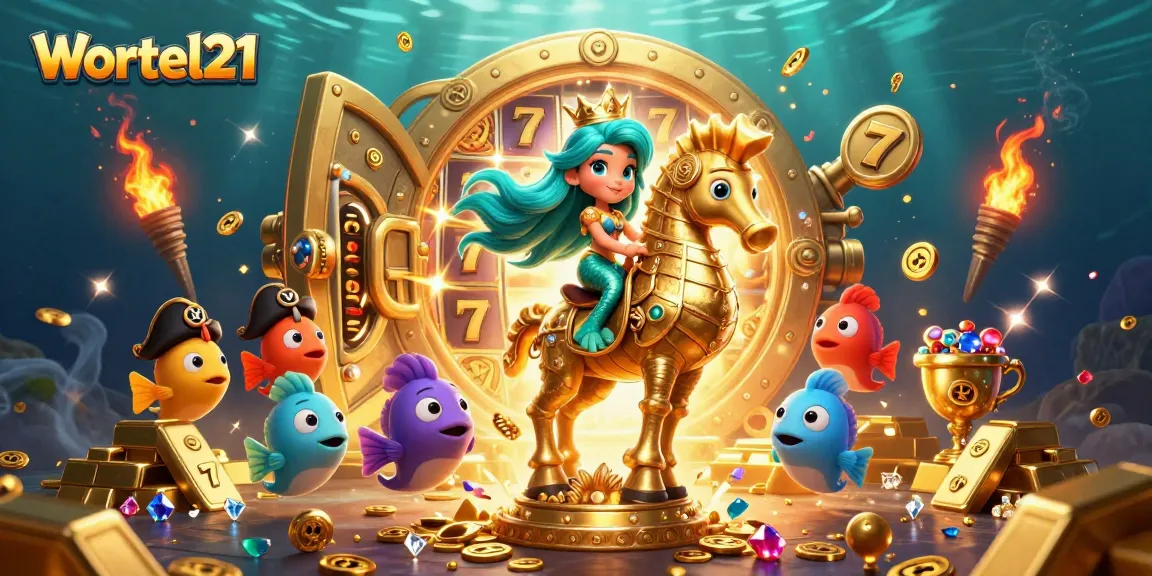 Wortel21 showcases a vibrant scene with a mermaid princess enjoying slot games and treasure hunting.