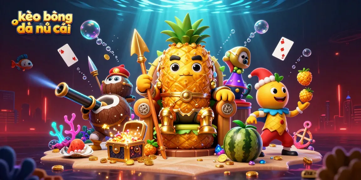 Engage in the excitement of kèo bóng đá nhà cái with a vibrant 3D illustration featuring a tropical king and dynamic casino elements.