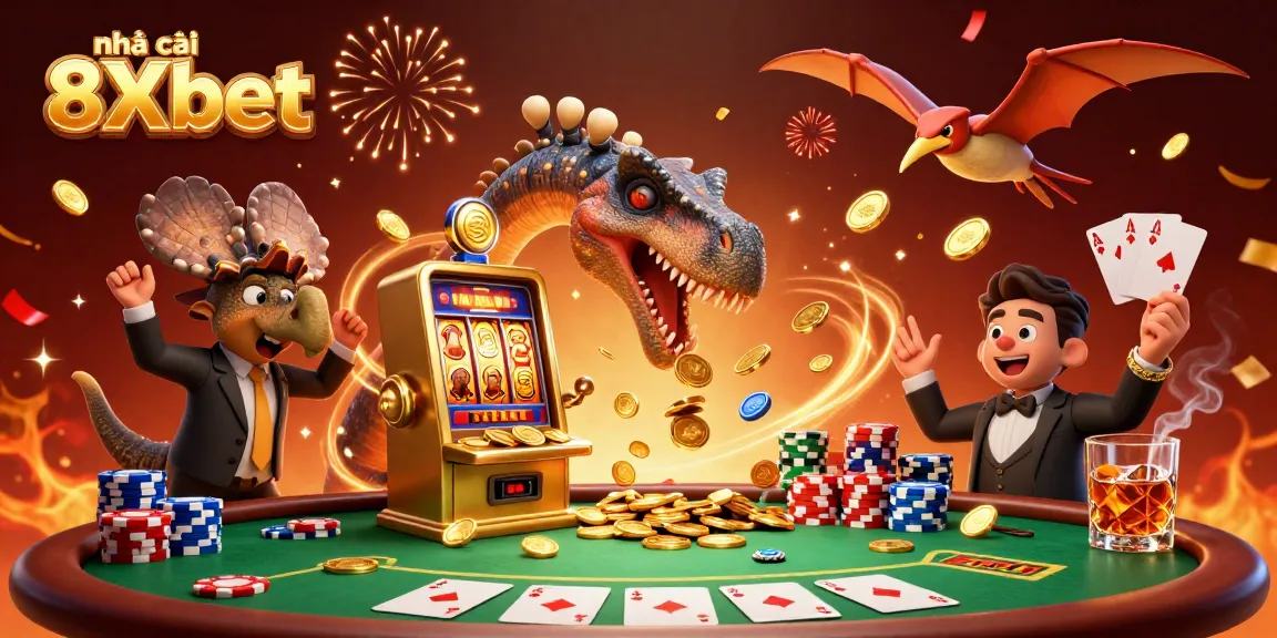Experience the dynamic excitement of nhà cái 8Xbet as characters celebrate jackpot wins.