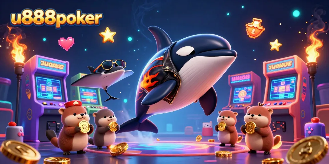Play exciting games at u888poker with an orca whale, stingray, and otters in a lively casino scene.