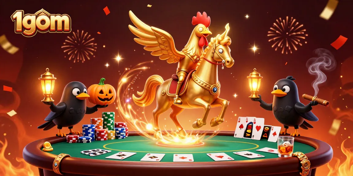 1gom provides a vibrant casino scene with a golden rooster and poker elements illustrating online betting excitement.