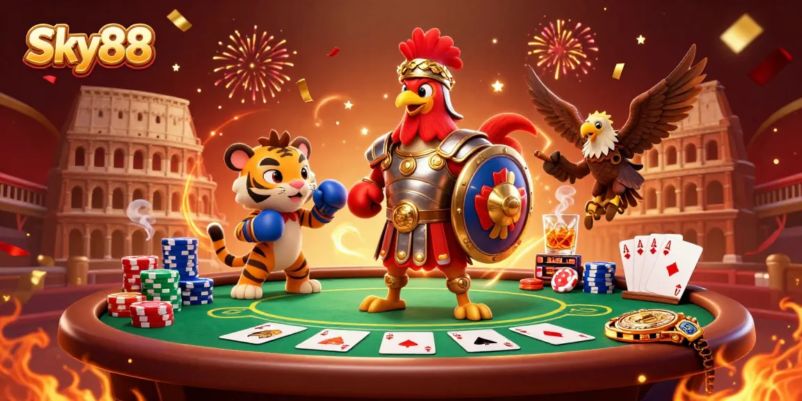 Experience the thrilling action at Sky88, featuring a gladiator rooster and poker elements in vibrant 3D.