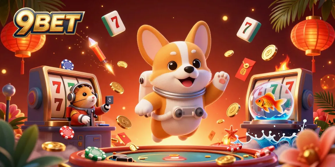 Experience thrilling gameplay with 9BET in a vibrant, dynamic casino atmosphere led by playful characters.
